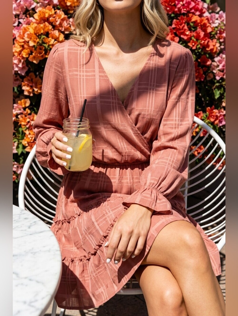 Inspired Hearts Mauve Pink Tiered Wrap Long-Sleeve Dress